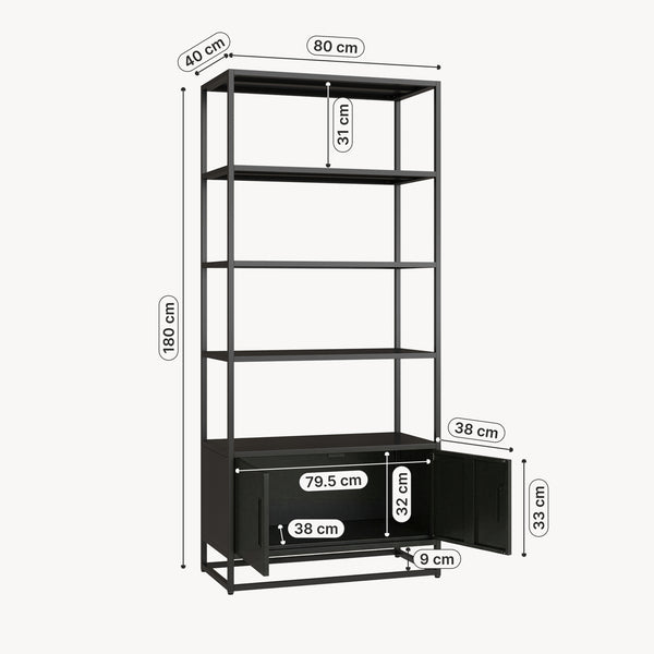 Libreria Hailuoto Scaffale in Acciaio con Ripiani Aperti e Armadietto 180x80x40 cm Nero opaco [en.casa] 