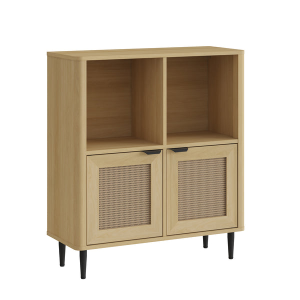 Mobile Contenitore Lukhomso a 2 Ante con Inserto Intreccio e 4 Scomparti 85 x 75 x 30 cm - Effetto Rovere/Rattan [en.casa]
