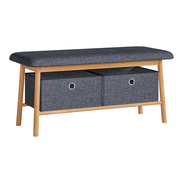 Panca da Scarpe Vad con Seduta Imbottita e 2 Contenitori in Tessuto 90 x 30 x 45 cm - Bambù Naturale / Grigio