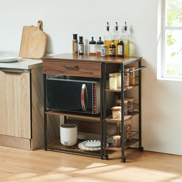 Scaffale da Cucina Kirhuskyna con Modulo Laterale Estraibile Girevole 130x40x85 cm Effetto Noce/Nero [en.casa]