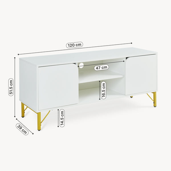 Mobile Porta TV Reyri a 2 Ante e 2 Vani Aperti 120 x 39 x 52 cm - Bianco/Dorato [en.casa]
