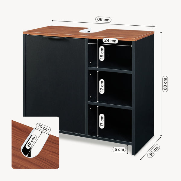 Mobile Sottolavabo Trond con Anta e 3 Vani Aperti 60 x 66 x 30 cm - Nero / Effetto Noce [en.casa]