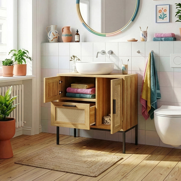 Mobile Sottolavabo Marhasa con Cassetto e 2 Scomparti 60 x 60 x 40 cm - Effetto Rovere/Rattan/Nero [en.casa]