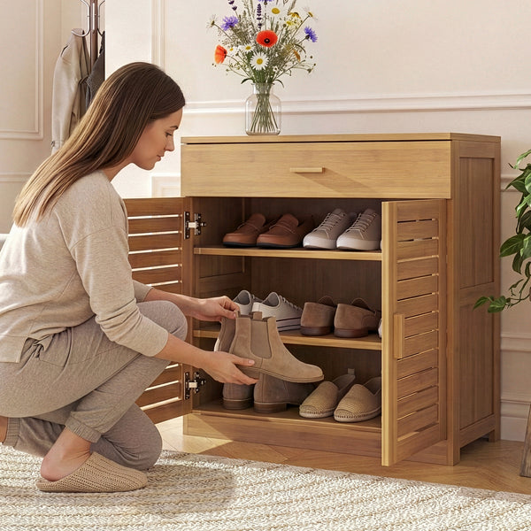 Scarpiera Aarela a 2 Ante con Cassetto e 3 Ripiani in Bambù Naturale 67 x 66 x 34 cm [en.casa]