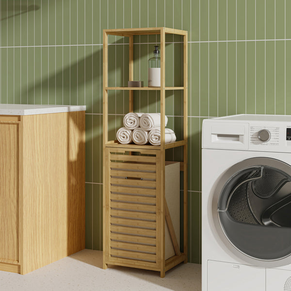 Scaffale da Bagno Anun in Bambù con Cesto Portabiancheria Rimovibile 130x36x33 cm - Effetto Legno [en.casa]