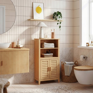 Mobile Contenitore Rirg a 2 Ante e Scomparti Aperti in Bambù Naturale 92 x 50 x 25 cm [en.casa]