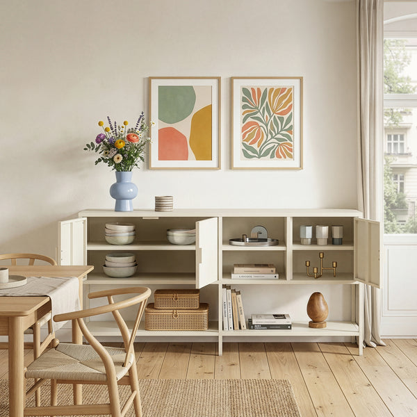 Credenza Bassa Kliri Madia con Ripiano e 6 Scomparti 160 x 40 x 80 cm - Bianco Crema [en.casa]
