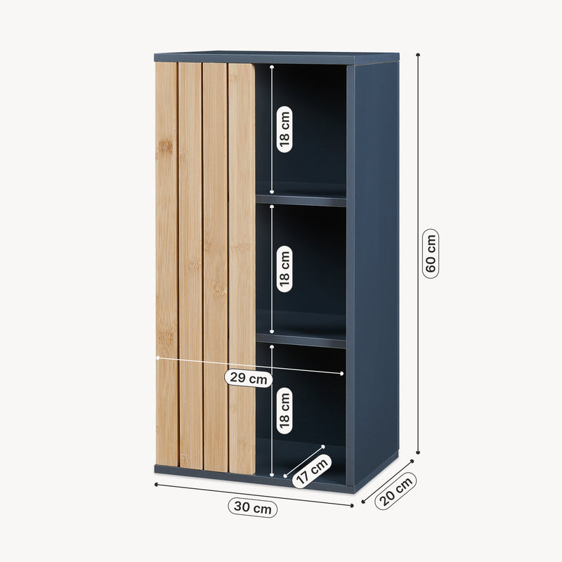 Schizzo in scala Mobiletto da Muro Svanes per Bagno Pensile con Frontale in Bambù e 3 Ripiani 60 x 30 x 20 cm - Grigio Scuro/ Naturale [en.casa]