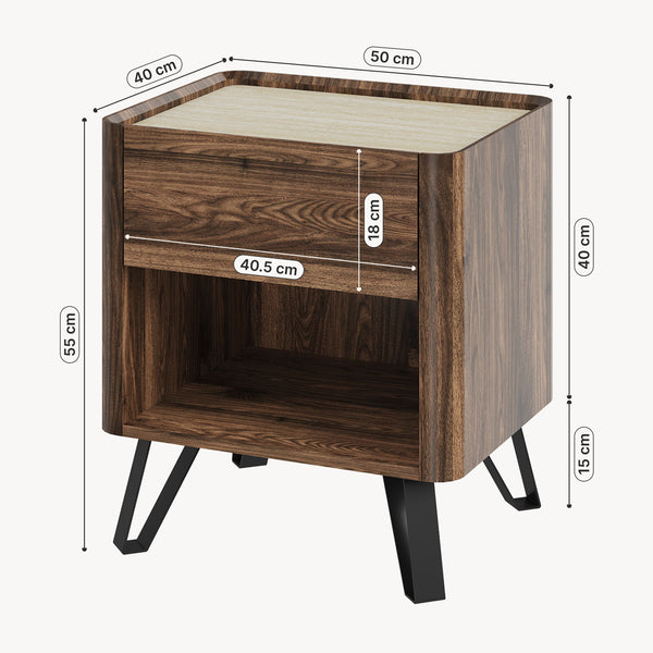 Comodino Trorlon 55x50x40 cm effetto noce/travertino [en.casa]