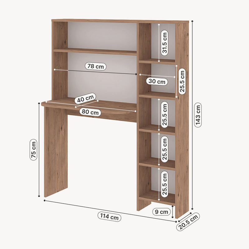 Schizzo in scala Scrivania Onega con Mensole Integrate 143 x 114 x 40 cm -  Effetto Legno [en.casa]