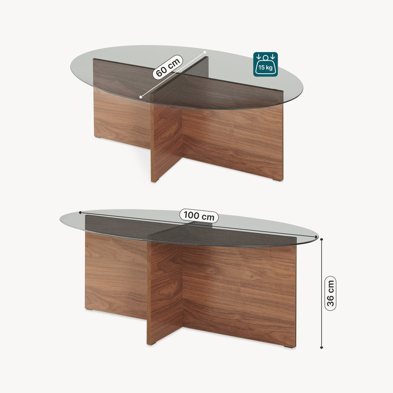 Schizzo in scala Tavolino da Caffè Viroya con Piano Ovale in Vetro Fumé 100 x 60 x 36 cm Effetto Noce/Grigio [en.casa]