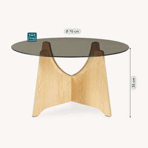 Tavolino da Salotto Omlar con Piano Rotondo in Vetro Fumé Ø70 x 35 cm - Effetto Rovere/Grigio Fumo [en.casa]