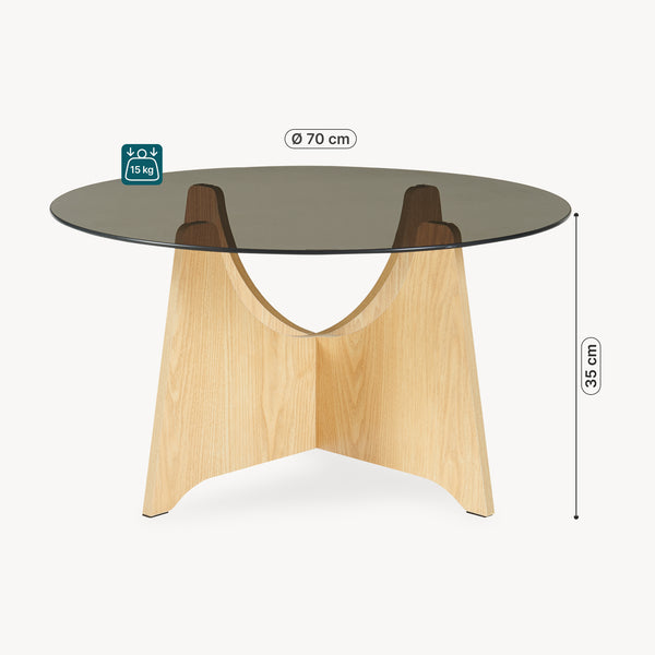Tavolino da Salotto Omlar con Piano Rotondo in Vetro Fumé Ø70 x 35 cm - Effetto Rovere/Grigio Fumo [en.casa]