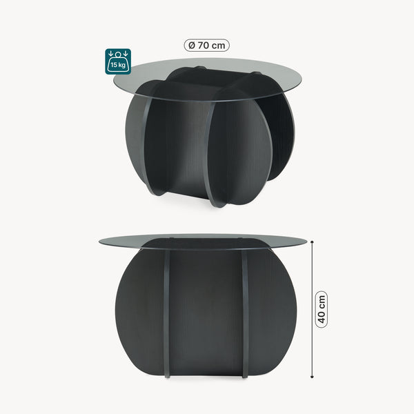 Tavolino Karhuvandi con piano in vetro Ø70x40 cm Nero/Grigio [en.casa]
