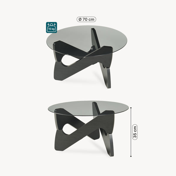 Tavolino da Caffè Reypio con Piano Rotondo in Vetro Fumé (ØxA) 70 x 35 cm - Nero/Grigio [en.casa]
