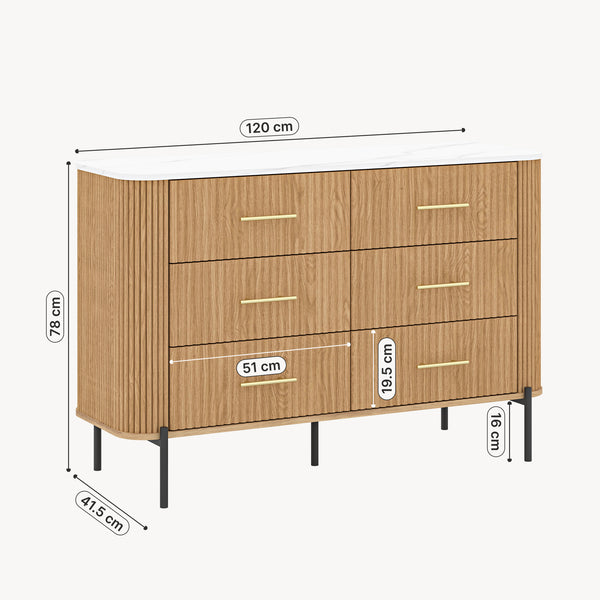 Cassettiera Comò a 6 Cassetti 120x42x78 cm Effetto Rovere / Effetto Marmo Bianco [en.casa] 