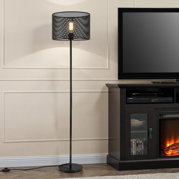 Lampada da Terra Alta 153 cm Piantana Dritta con Paralume Cilindrico Ø35 cm Superficie a Fori Lampada a Stelo in Metallo - Nero - lux.pro