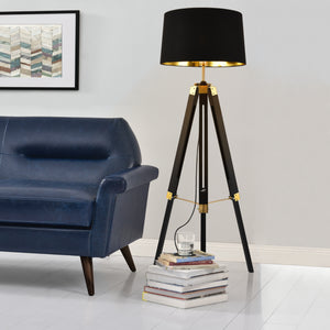 Lampada da Terra in Stile Treppiedi Alta 145 cm Piantana Tripode con Paralume Conico in Tessuto - Nero / Ottone - lux.pro