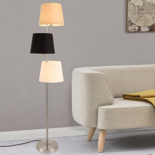 Lampada da Terra Alta 149 cm Piantana Dritta con Stelo in Metallo e 3 Paralumi Conici in Tessuto 3 Colori Diversi - lux.pro