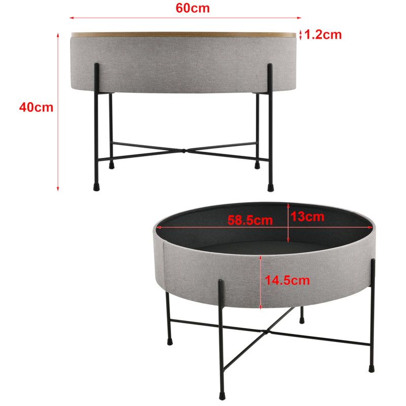 Schizzo in scala Tavolino Contenitore Tauranga con Piano Rotondo Rimovibile 40 x Ø60 cm Effetto Noce / Grigio [en.casa] 