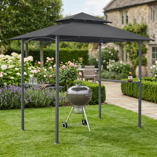 Gazebo per Barbecue Parga con Tetto Doppio e 2 Ripiani 250x241x151 cm - Grigio Scuro [en.casa]