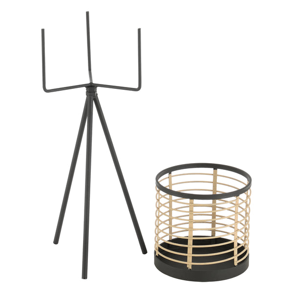 Set di 2 Portavasi in Metallo - Supporto Nero a Treppiedi con Coprivaso a Righe Beige - Portapiante in 2 Misure Diverse 