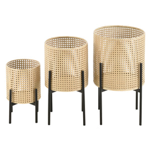 Set di 3 Portavasi in Metallo Supporto Nero con Coprivaso Tondo in Color Sabbia - Portapiante in 3 Misure Diverse