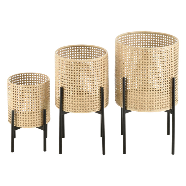 Set di 3 Portavasi in Metallo Supporto Nero con Coprivaso Tondo in Color Sabbia - Portapiante in 3 Misure Diverse