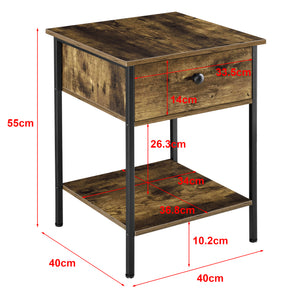 Comodino con Cassetto e Ripiano Portaoggetti (AxLaxP): 55 x 40 x 40 cm Tavolino da Divano su Telaio in Metallo Tavolo Basso da Salotto/Soggiorno/Camera da Letto - Effetto Legno Scuro