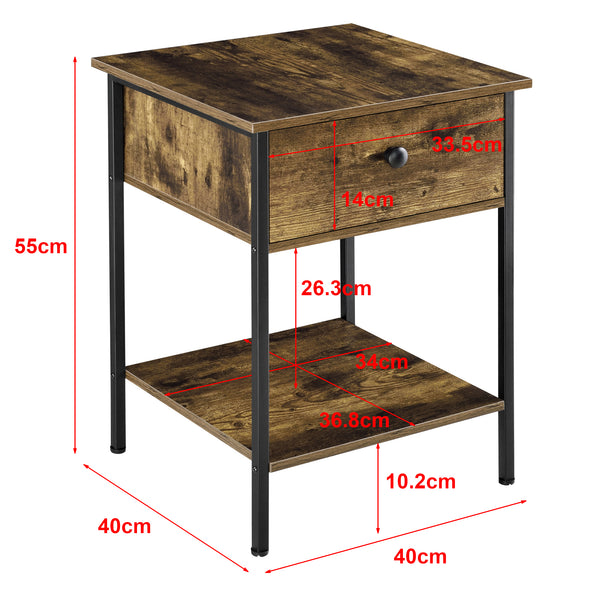 Comodino con Cassetto e Ripiano Portaoggetti (AxLaxP): 55 x 40 x 40 cm Tavolino da Divano su Telaio in Metallo Tavolo Basso da Salotto/Soggiorno/Camera da Letto - Effetto Legno Scuro