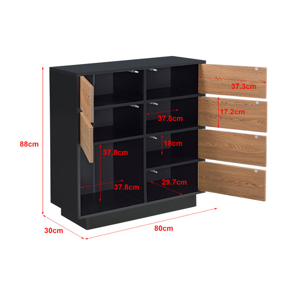 Mobile per Soggiorno/Ingresso/Ufficio con 6 Armadietti e 1 Scomparto Aperto, Comò 88x80x30cm (AxLaxP) Mobile a Terra con Ante Apertura a Pressione Push-to-Open - Nero/Effetto Legno