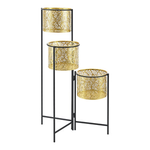 Porta Vasi da Interno Portapiante Stand per Piante con 3 Coprivasi Struttura Pieghevole Nero con 3 Porta Vasi Cilindrici in Altezze Diverse Color Ottone [en.casa]