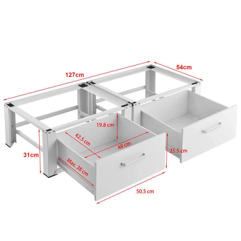 Schizzo in scala Supporto Doppio Heyen per Lavatrice in Acciaio con Cassetti 127 x 54 x 31 cm - Bianco [en.casa]