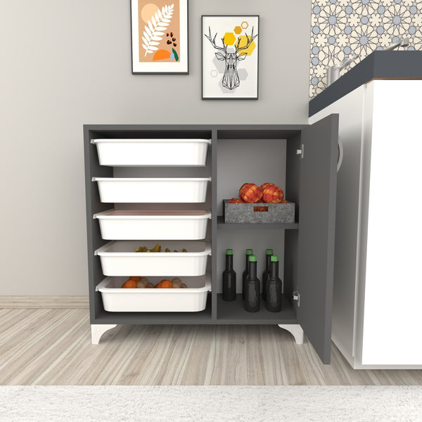 Armadio Basso da Stoccaggio 'Lødingen' con 5 Cesti Estraibili e Scomparti Chiusi con Sportello - Antracite / Bianco [en.casa] 