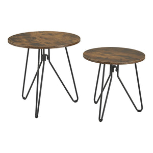 Set di 2 Tavolini Bassi da Salotto 'Väsby' con Piano Rotondo in Effetto Legno Scuro e Gambe a Forcina in Acciaio [en.casa]