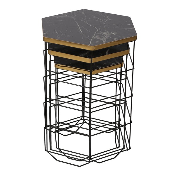 Set di tavolini Hørning set da 3 cestino in metallo nero / effetto marmo [en.casa]
