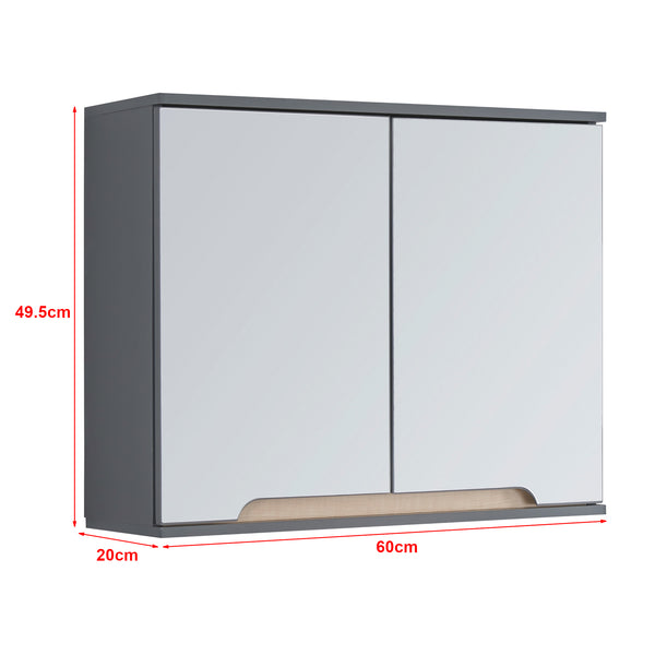 Armadietto Pensile Gescher con 2 Ante a Specchio - Grigio / Effetto Legno [en.casa] 