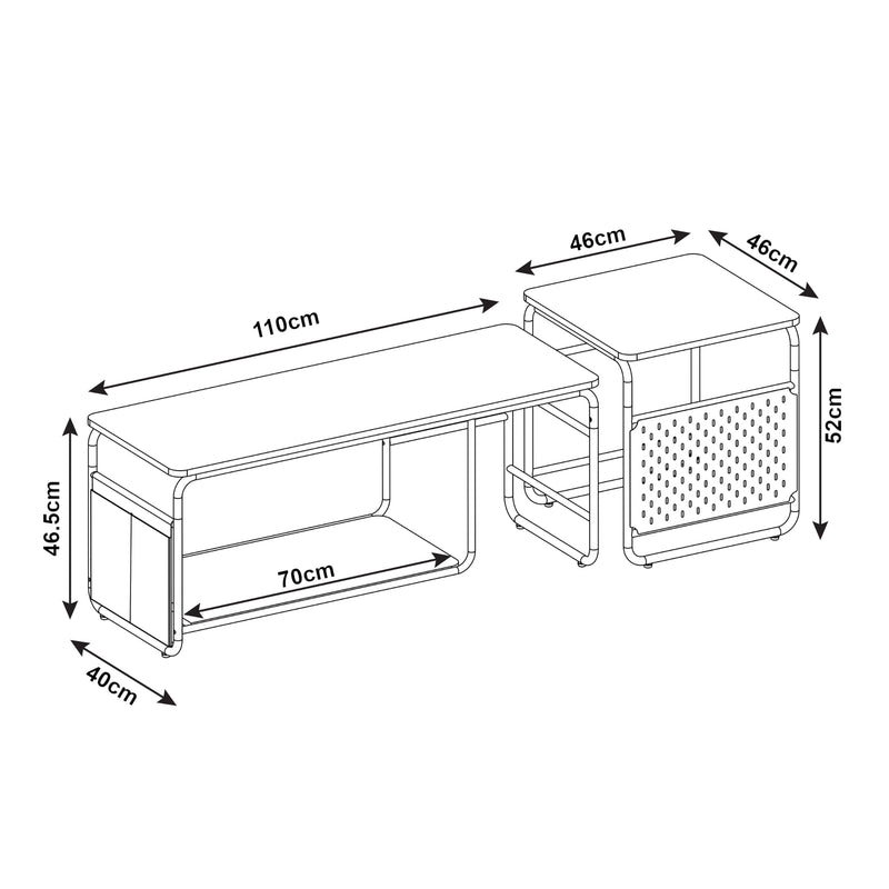Schizzo in scala Set Dyrøy 2 in 1 Mobile TV e Tavolino Basso Sovrapponibile Bianco / Effetto Rovere [en.casa]