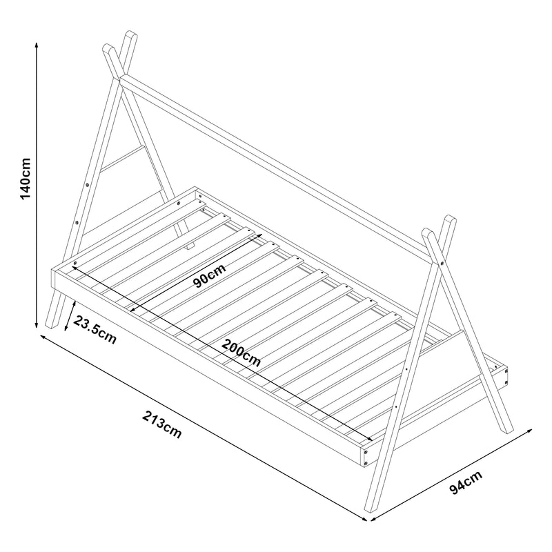 Schizzo in scala Letto per Cameretta Siikajoki a Forma di Capanna 90 x 200 cm - Naturale / Bianco [en.casa]
