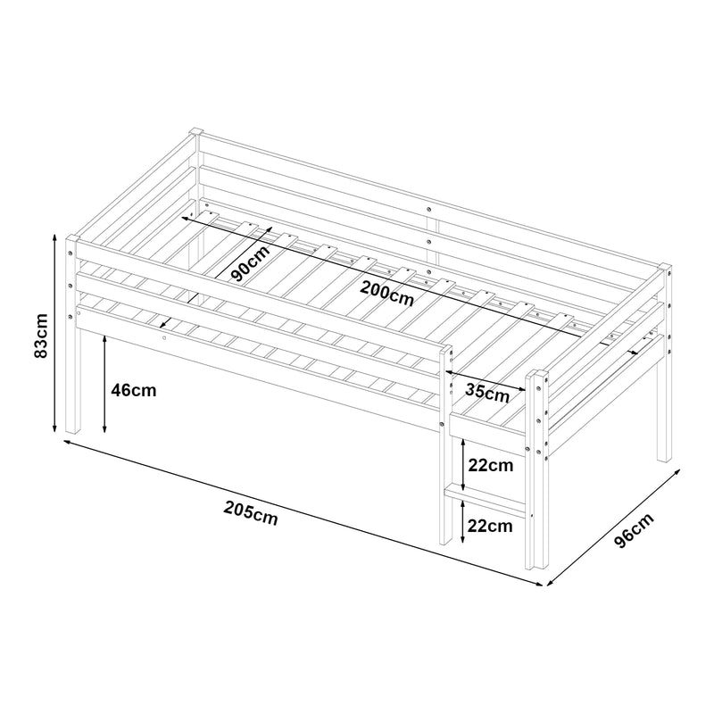 Schizzo in scala Letto per Cameretta Siikalatva in Legno di Pino 90x200 cm Bianco [en.casa]