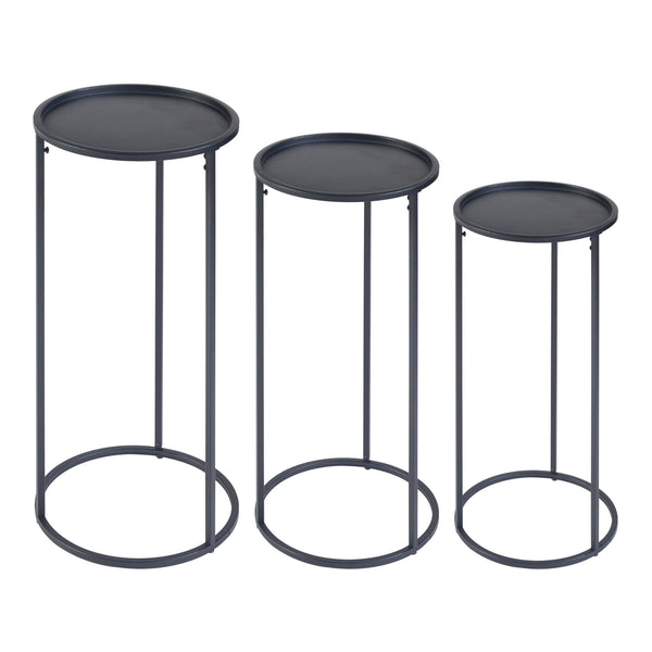 Set Nesodden di 3 Consolle Portavasi con Piano Rotondo Dimensioni Diverse - Metallo Nero [en.casa]