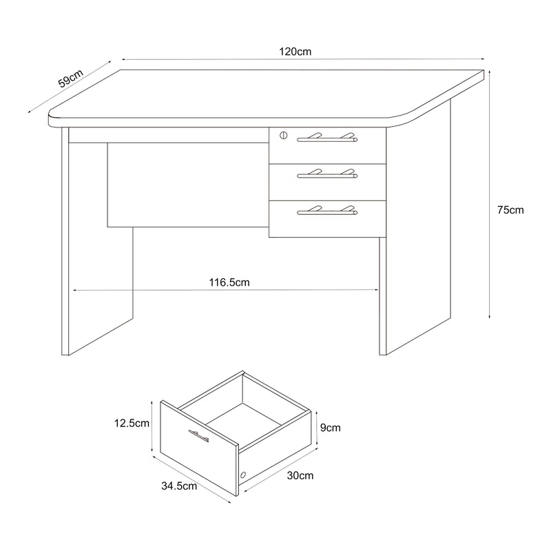 Schizzo in scala Scrivania Ragunda con 3 Cassetti 120 x 59 x 75 cm - Effetto Legno Scuro [en.casa]