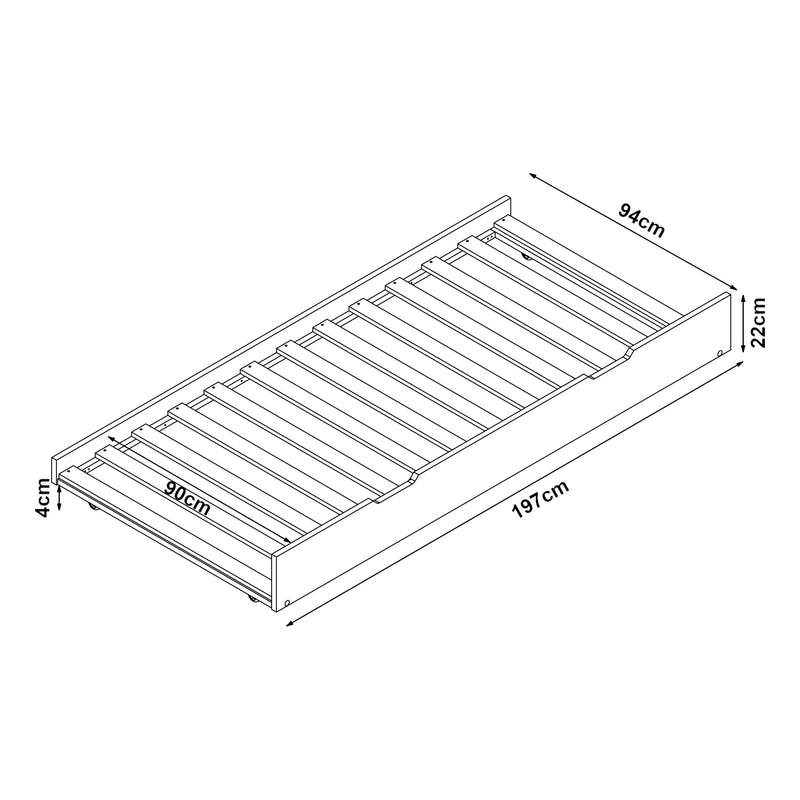 Schizzo in scala Cassettone Sottoletto Estraibile Ydre Letto Secondario con Rotelle Legno Bianco [en.casa] 