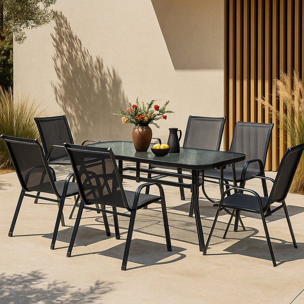 Set di Mobili da Giardino Aradeo Tavolo con Piano in Vetro e 6 Sedie Impilabili - Nero casa.pro