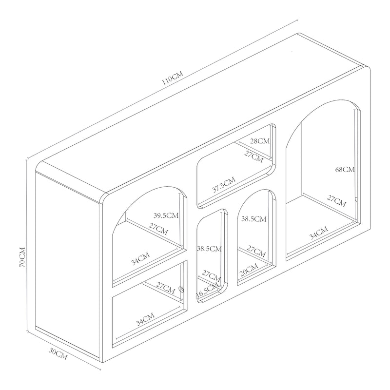Schizzo in scala Consolle Rettangolare Vågå con 6 Scomparti Geometrici 110x30x70 cm Bianco [en.casa]