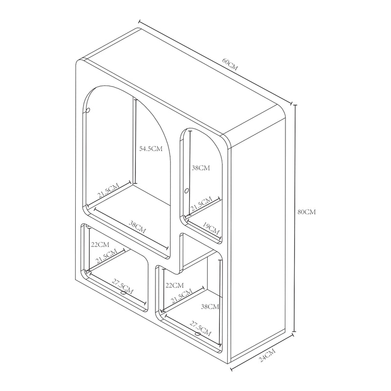 Schizzo in scala Scaffale Basso Vågå con 4 Scomparti Geometrici 80x60x24 cm Bianco [en.casa] 