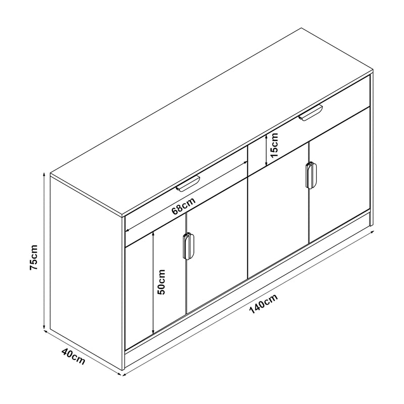 Schizzo in scala Comò Varkaus con 2 Cassetti e 4 Ante 75 x 140 x 40 cm - Effetto Rovere [en.casa]