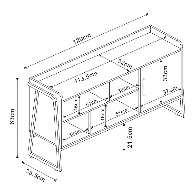 Schizzo in scala Mobile TV Storfjord con Scomparti Aperti e Vano Chiuso 120x34x63 Nero [en.casa]