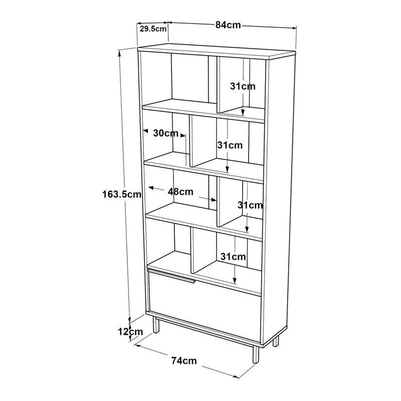 Schizzo in scala Libreria Kvænangen Scaffale Espositore 175x84x29 cm Rovere / Rattan [en.casa] 
