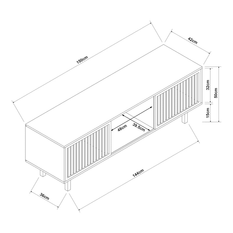 Schizzo in scala Mobile TV Ypäjä con Ante Scorrevoli 150x42x50 cm Bambù Naturale [en.casa] 